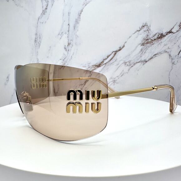 New MIU MIU Aube Sunglasses Gold Light Brown Mirror Bronze Rimless Wrap Womens main image 7